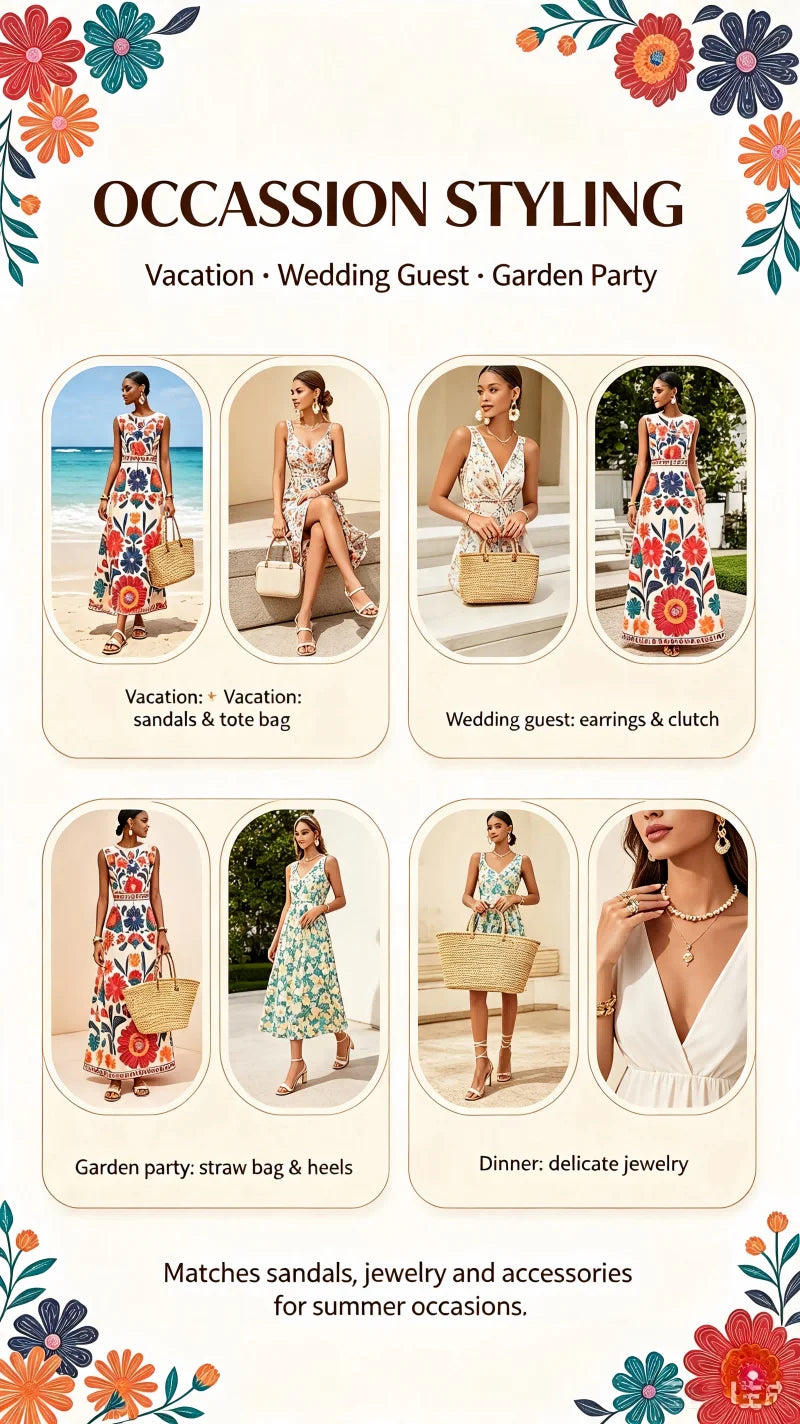 Women Floral Embroidery Maxi Dress Sleeveless Round Neck A-Line Long Dress Summer Beach Wedding Guest Holiday Party Dresses