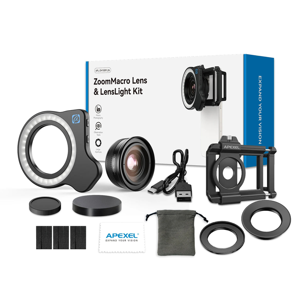 APEXEL 10-20X Zoom Macro Lens With LED Fill Light HD Micro Phone Camera Lenses Support Eye Macro Photography for iPhone Samsung Xiaomi Huawei Oppoand All Smartphones