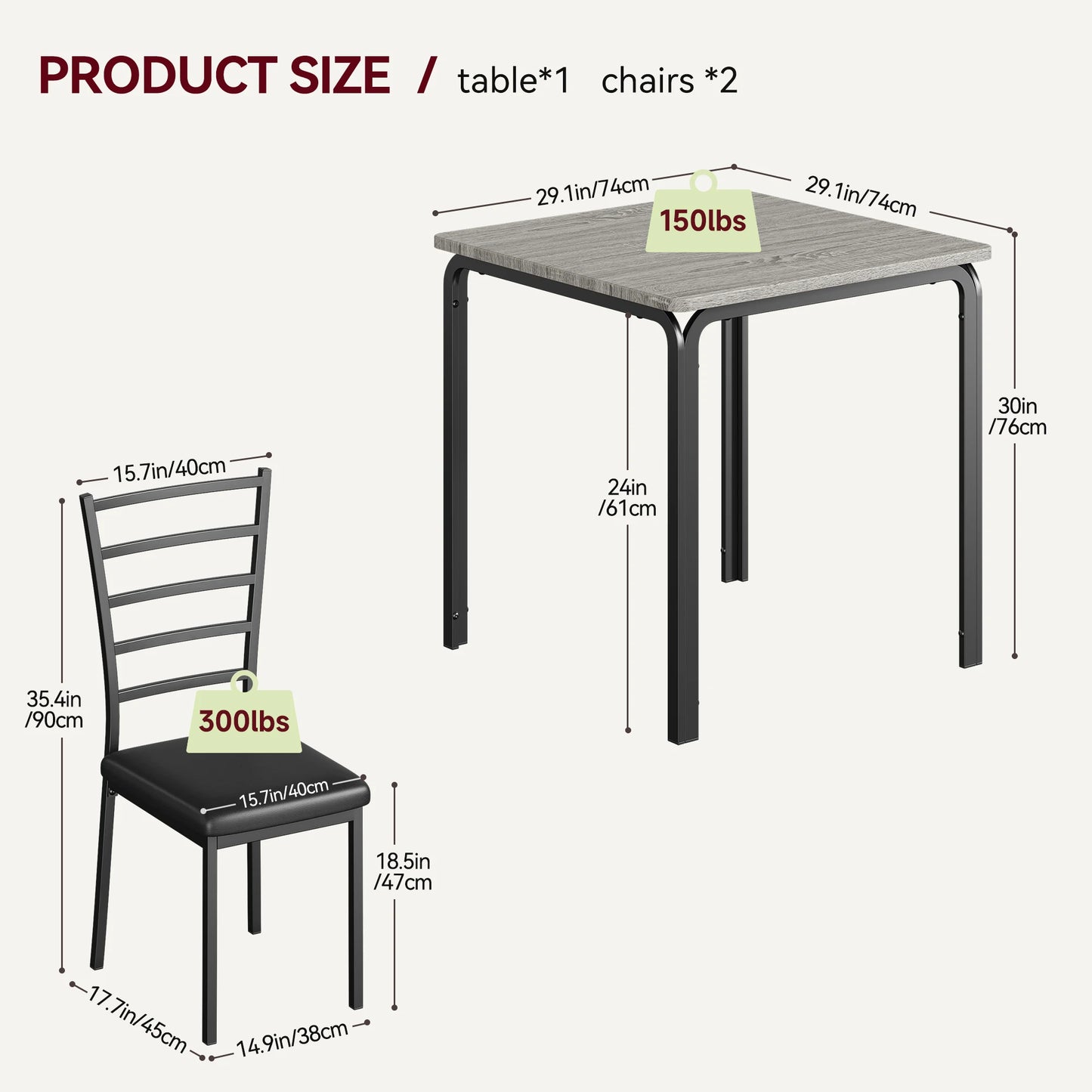 3-Piece Modern Square Dining Table Set for 2 Space-Saving Table & Chairs – Sturdy Metal Frame for Small Apartments, Kitchens or Breakfast Nooks
