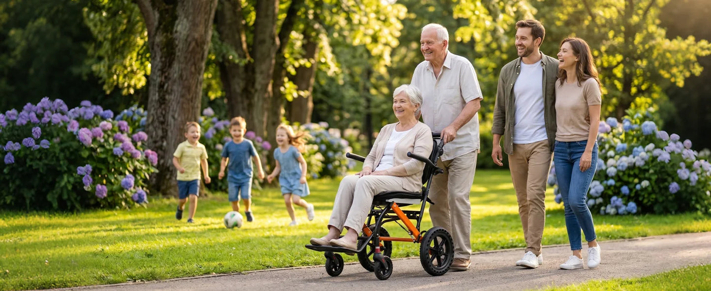 Premium Lightweight Transport Wheelchair for Seniors & Adults, Ergonomic Folding Travel Wheelchair with Adjustable Caregiver