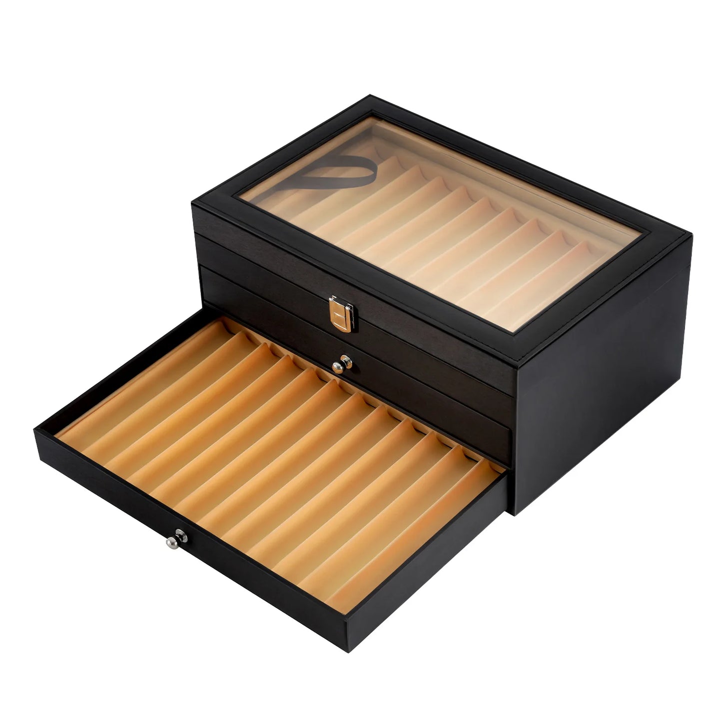 3-Tier Pen Display Box Desktop Pens Organizer 36-Slots Pen Case Soft PU Surface Black with Drawers
