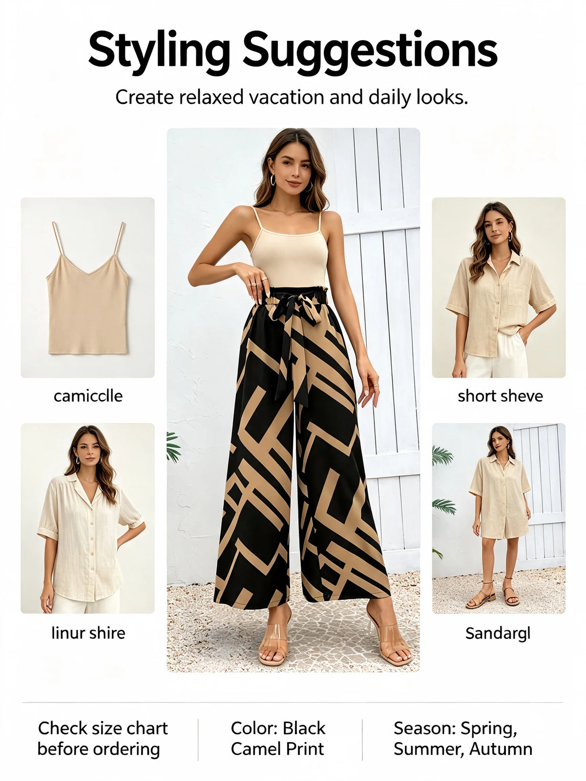 Women's High Waist Geometric Print Wide Leg Pants Bow Tie Casual Long Pants Elegant Streetwear