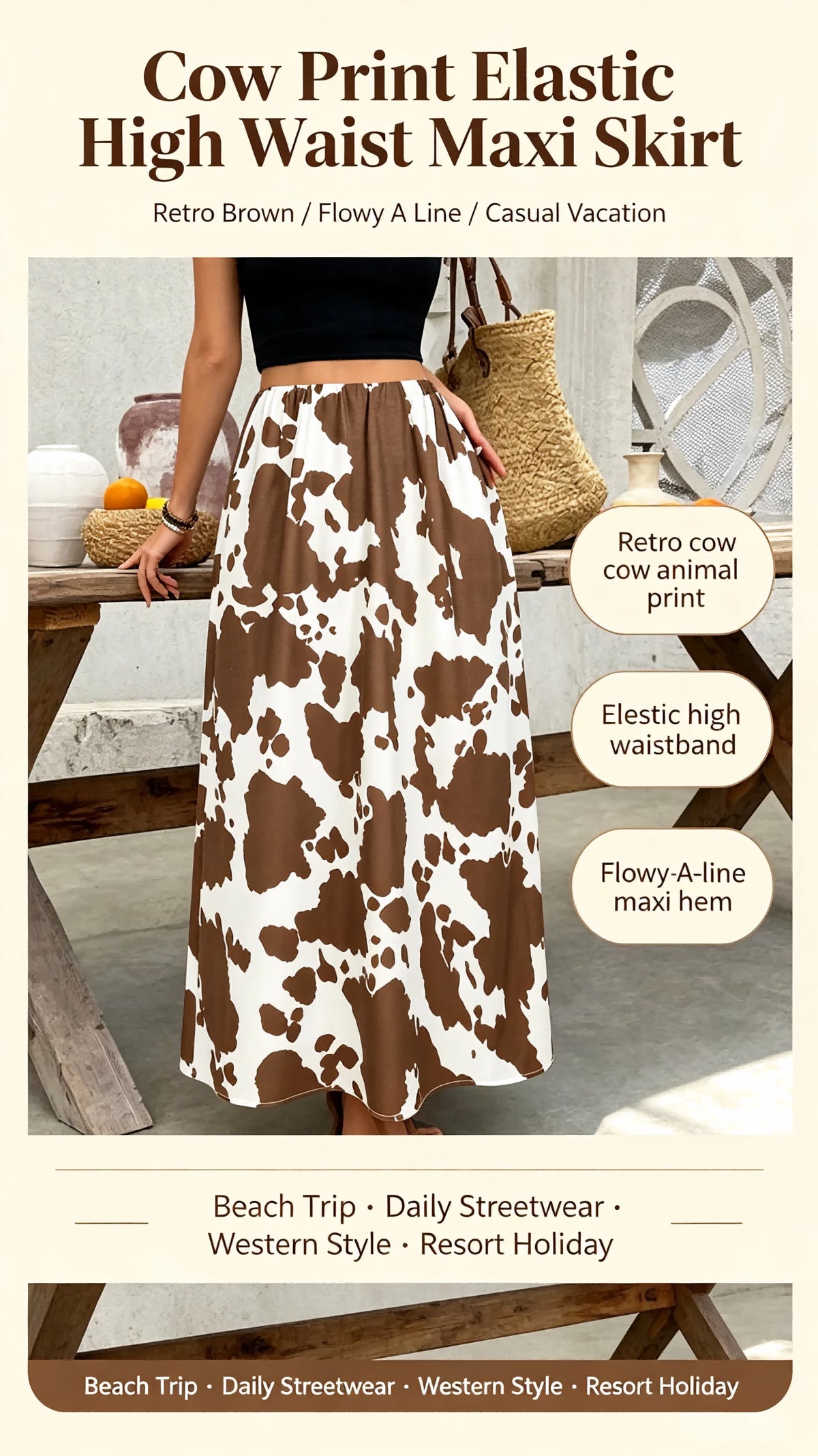Ladies High-Waist A-Line Skirt with Cow Print Versatile for Daily Commute Vacation Suitable Half-Length Skirt