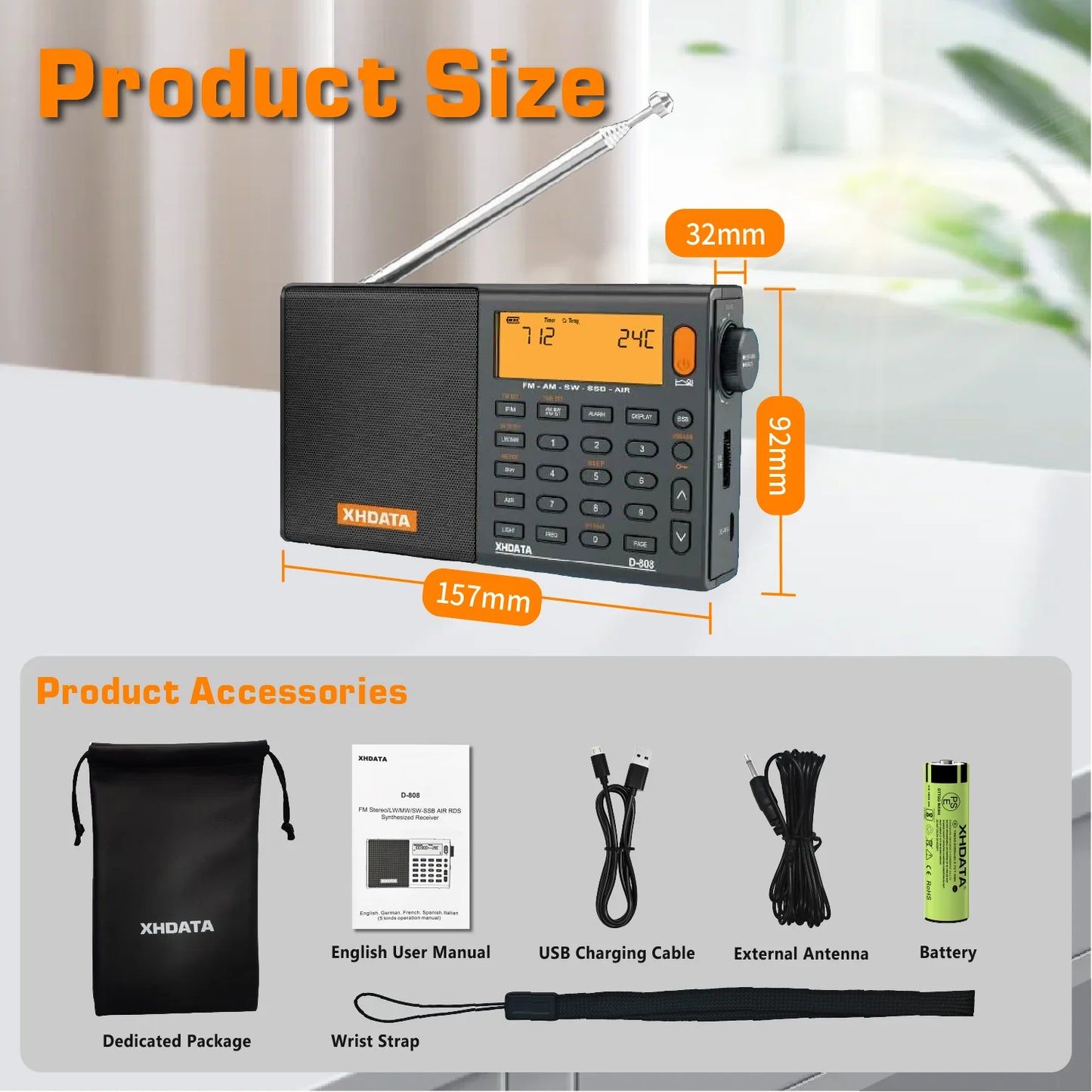 XHDATA D-808 Portable AM/FM/SW/MW Radio With RDS SSB