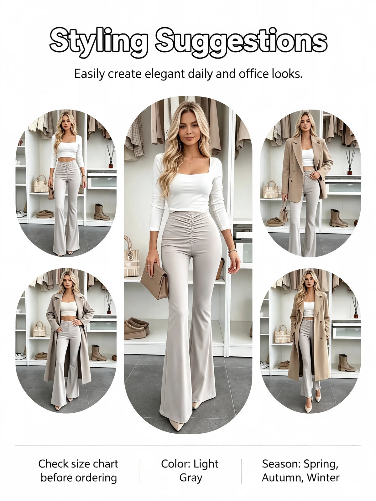 Women's High Waist Flare Leg Pants Ruched Back Stretchy Long Pants Elegant Office Streetwear