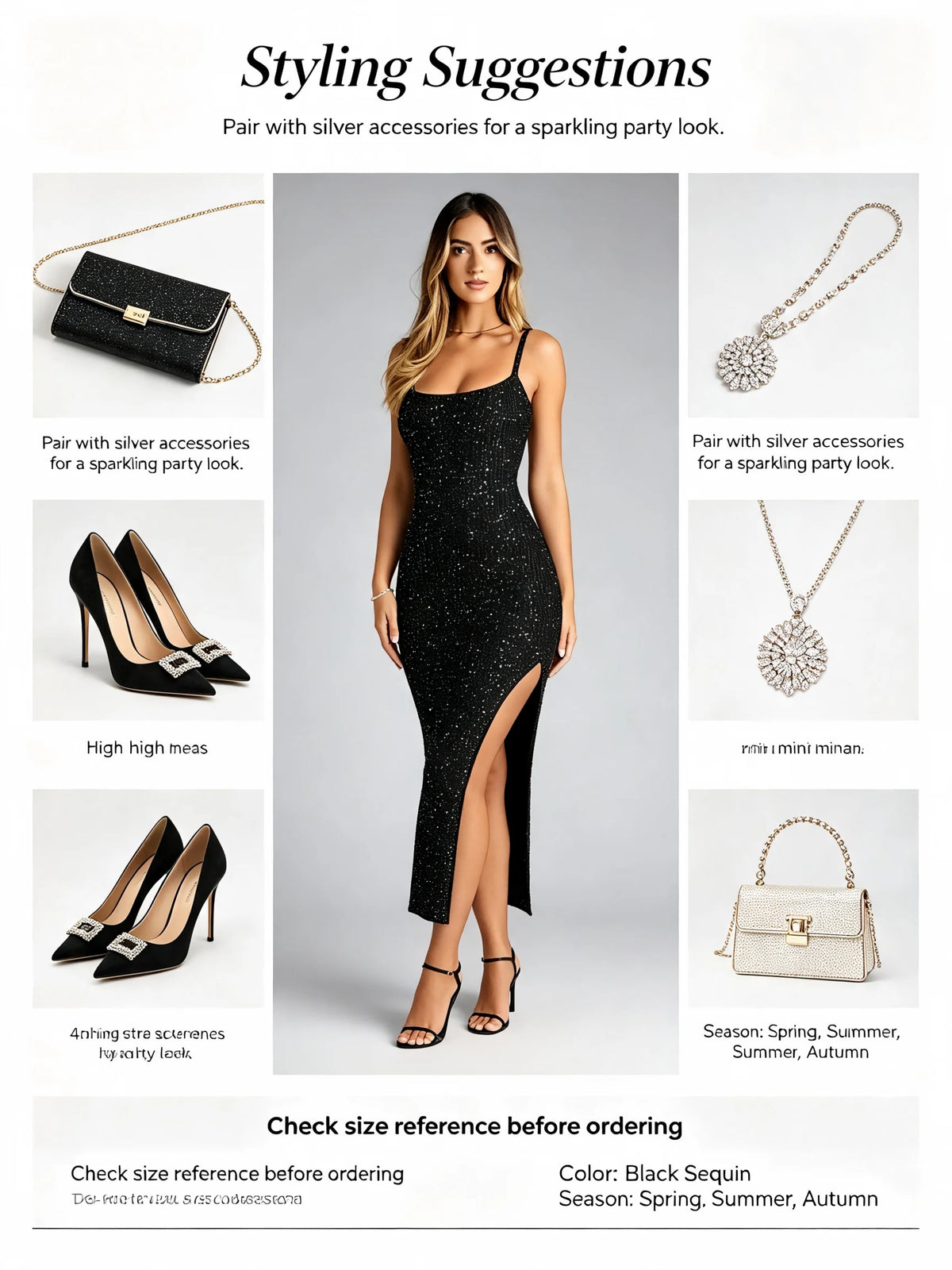 Women Black Sequin Spaghetti Strap Midi Dress Backless High Split Bodycon Evening Party Cocktail Dresses