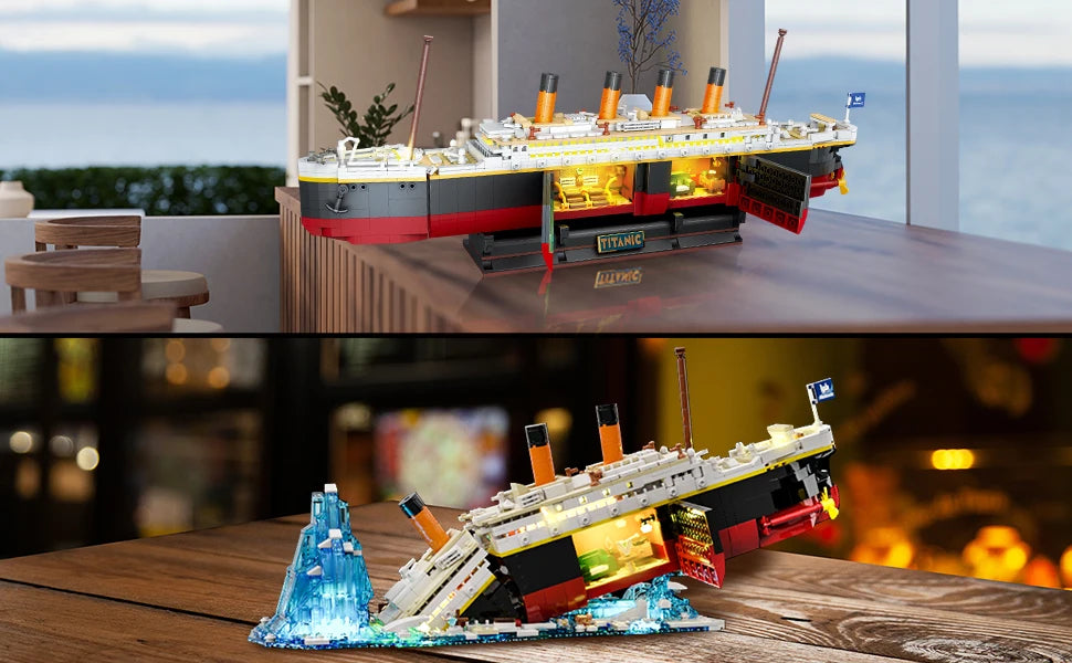 Titanic Building Set with LED-2 in 1 Titanic Ship Mini Block Ship Model with Glacier Display Stand Toy Gift for Adults Kids10+