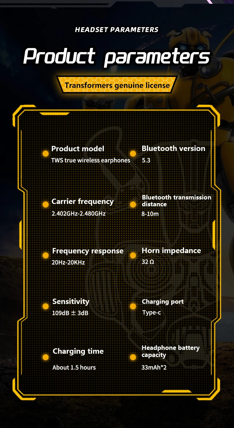 Ship From US Transformers TF-T01 Gaming Earphones Bluetooth 5.4 ENC Noise Reduction Headphones HD Call Music Earbuds Bumble Bee