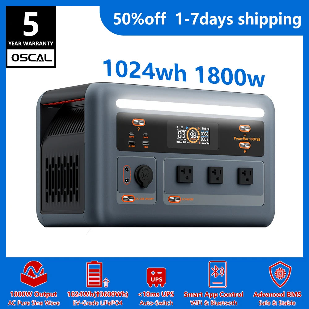 OSCAL 1024Wh LiFePO4 Portable Power Station 1800W Continuous 3600W Surge 1H Fast Charge UPS Solar Generator APP Control for Home Hurricane Camping RV(OSCAL PowerMax 1800)
