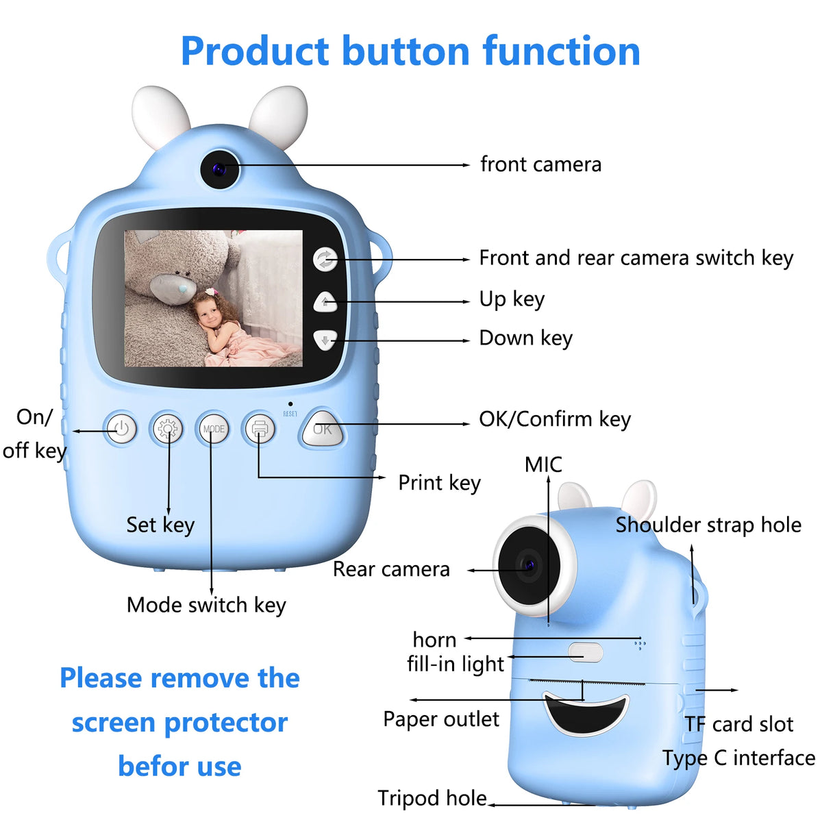 P1 Children Instant Camera Mp3 Printing Camera With Print Paper 2.4-inch HD Camcorder For Girls Toddler