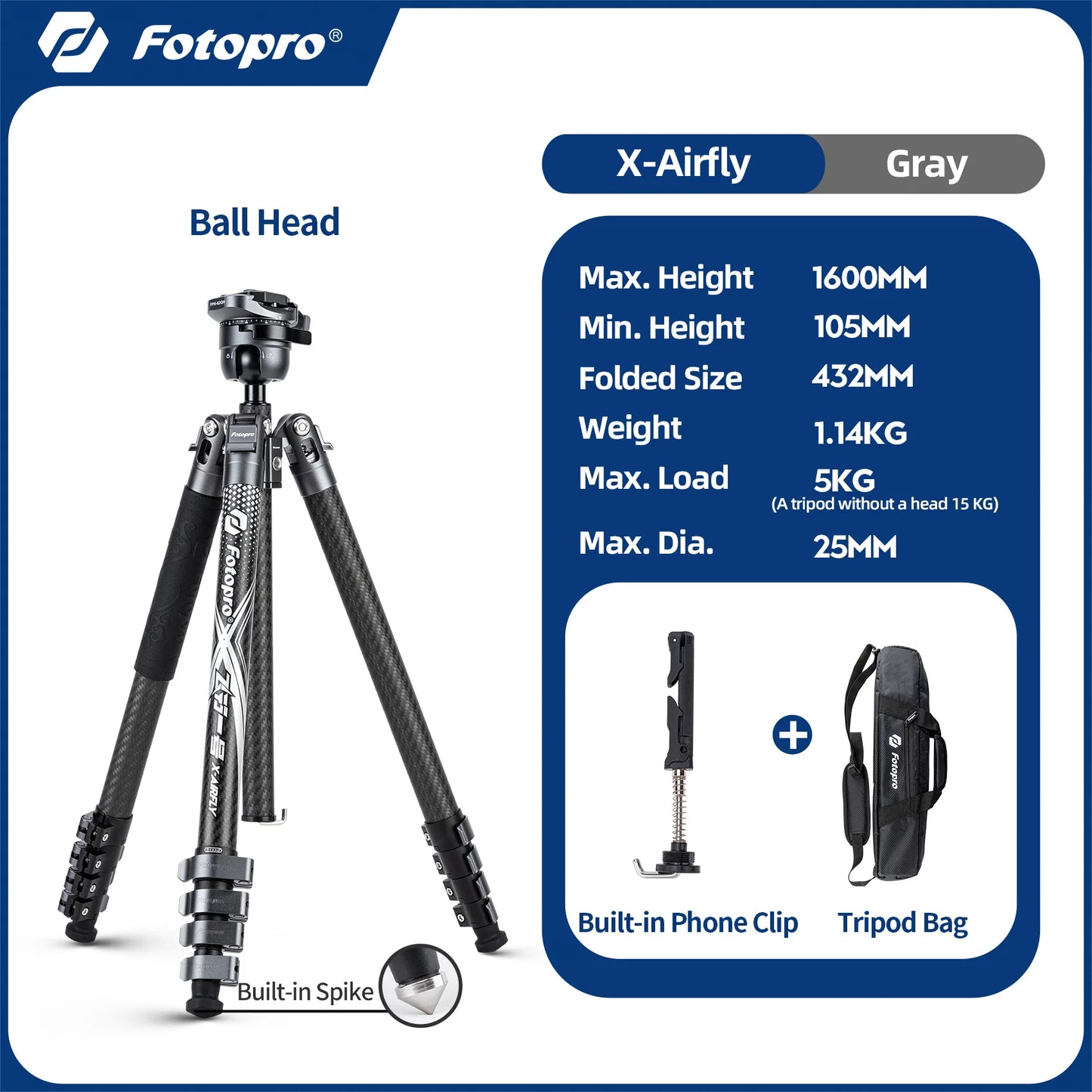 Fotopro X-Airfly Video Carbon Fiber Tripod 164CM Portable Travel Tripod for Camera with Ball Head Fluid Head Flip Lock
