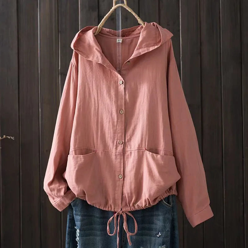 Large size blouses for women hoodies Japan style long sleeve solid shirts cotton hooded tops cardigan plus size women's clothing