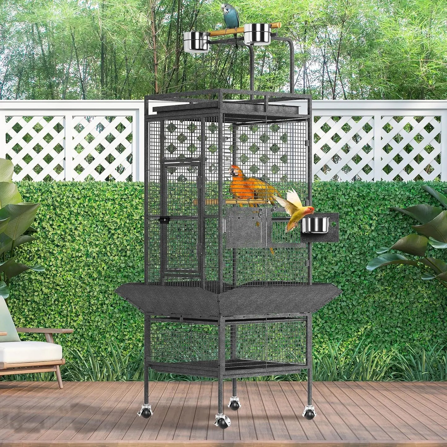Large Bird Cage, Metal Parakeet Cage with Play Top, Wood Perches & Feeder, Spacious Rolling Flight Cage for Parrots, Cockatiels