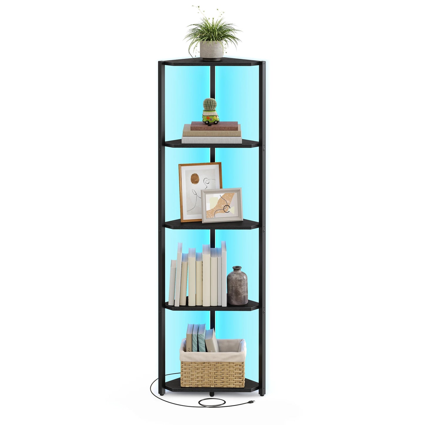 VASAGLE Corner Shelf Stand with LED Lights, 5-Tier Corner Bookshelf, Storage Shelf with Steel Frame, 9.8 x 18.9 x 57.7 Inches, f