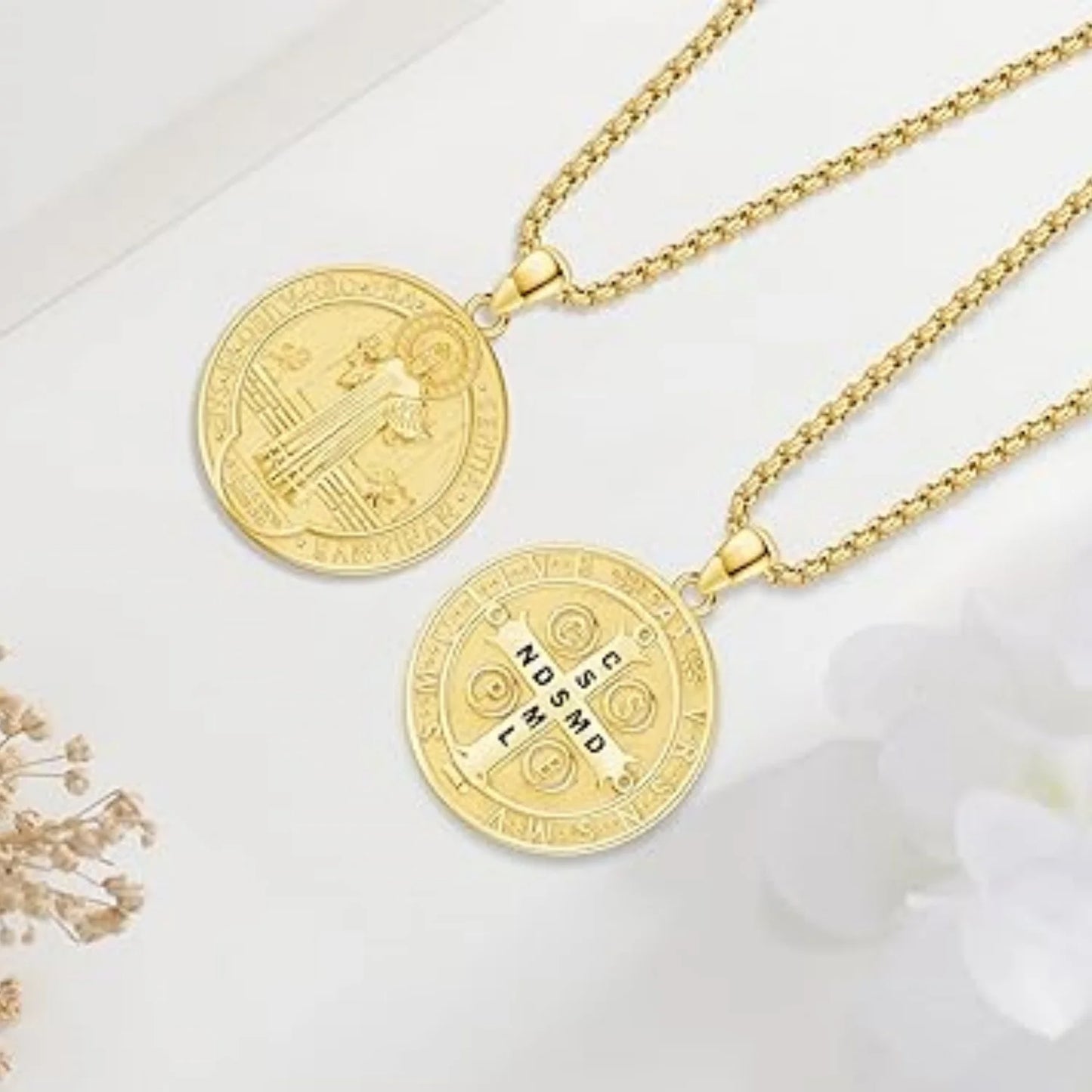 DRINSPER Saint Benedict Necklace 18K Gold Plated Silver Pendant