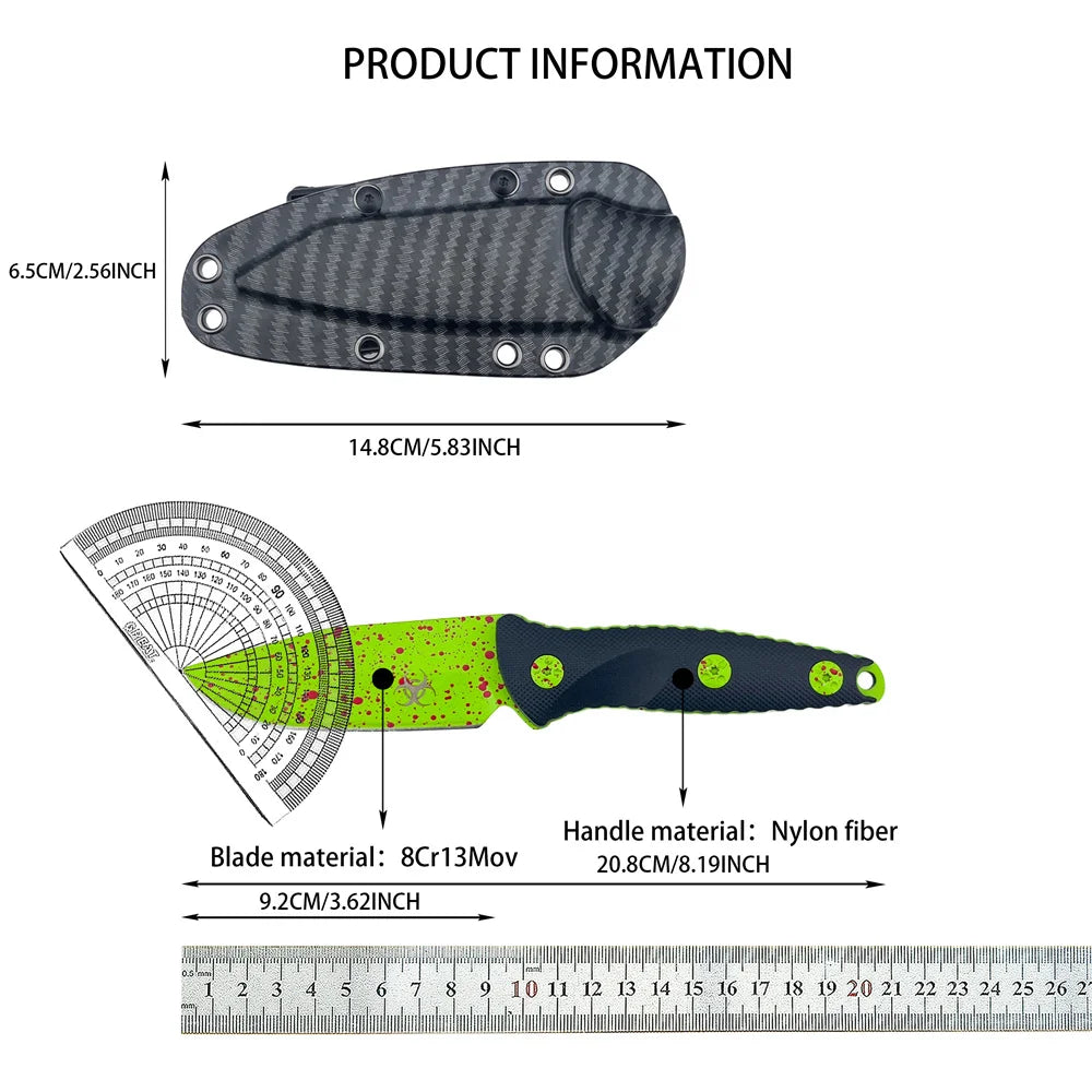 Fixed Blade Knife with 8Cr13Mov Steel Blade Nylon Fiber Handle Full-Tang with Kydex Sheath, Durable Outdoor Fishing Tool EDC