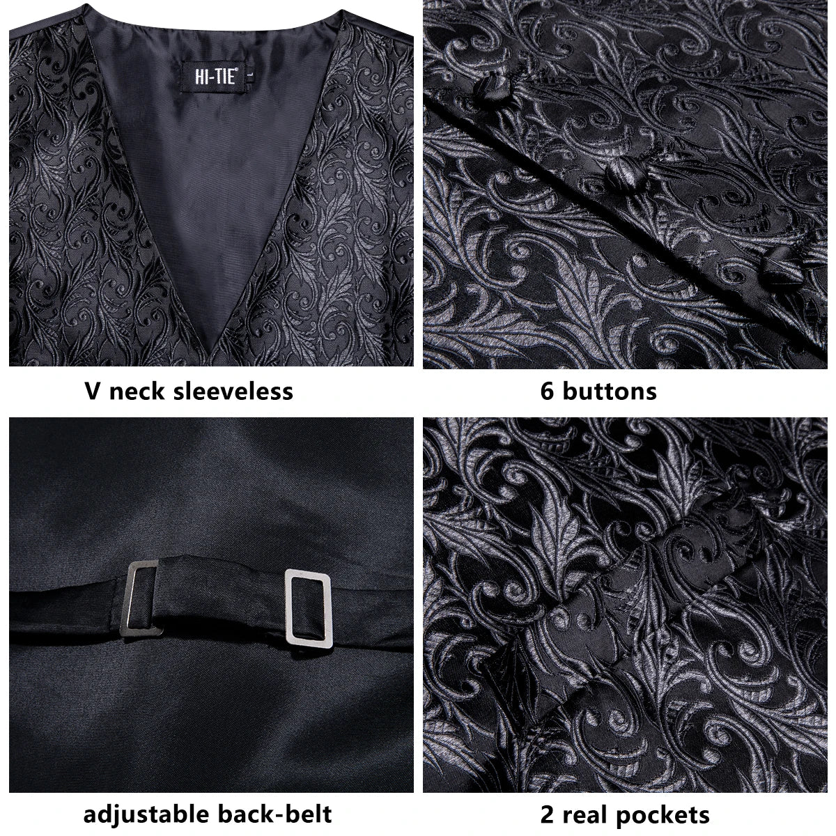 Men's Black Dress Vest Set with Tie Pocket Square Cufflinks - Jacquard Formal Tuxedo Waistcoat Suit Wedding Business Party