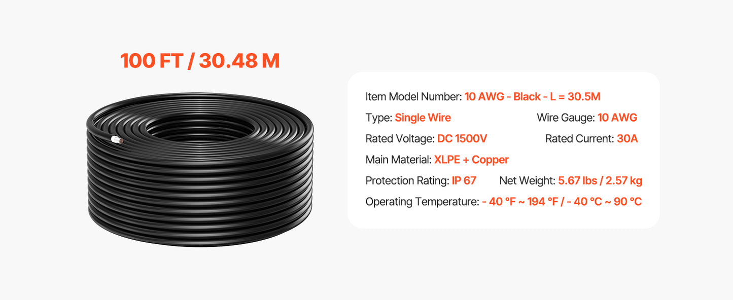 SucceBuy 100FT Solar Panel Extension Cable 10AWG 6mm² IP67 Waterproof Solar Extension Cable for Home Ship and RV Solar Panels