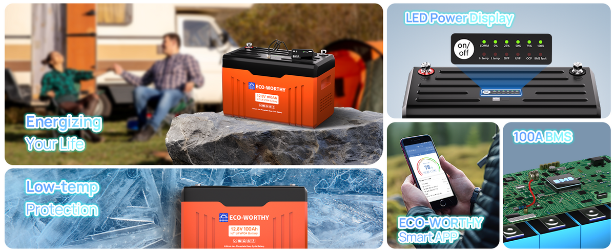 ECO-WORTHY 12V 100AH LiFePO4 Lithium Battery with Bluetooth, Max.1280Wh Energy, Low Temperature Protection for Trolling Motor RV