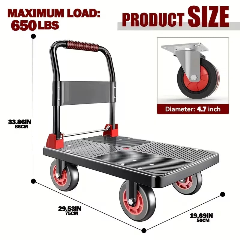 Collapsible Flat Platform Hand Dolly Cart, Heavy‑Duty 4‑Wheels Portable Moving Trolley, Foldable Utility Cart for Household Shopping and Cargo Transport