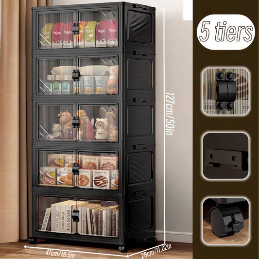 3/4/5/6-tier foldable storage cabinet with clear double doors, foldable and stackable plastic storage boxes with wheels, large-capacity rolling organizer, perfect for pantry, bedroom, bathroom, or coffee bar, black