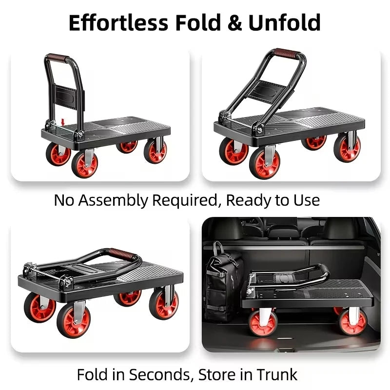 Collapsible Flat Platform Hand Dolly Cart, Heavy‑Duty 4‑Wheels Portable Moving Trolley, Foldable Utility Cart for Household Shopping and Cargo Transport