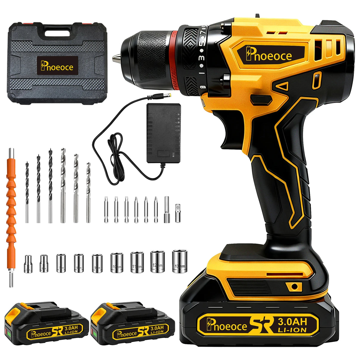 Phoeoce 20V Cordless Drill Set Compatible with Makita 18V Battery Power Drill Driver Kit with 3.0Ah Li-ion Battery 3/8" Keyless Chuck & Accessories Case
