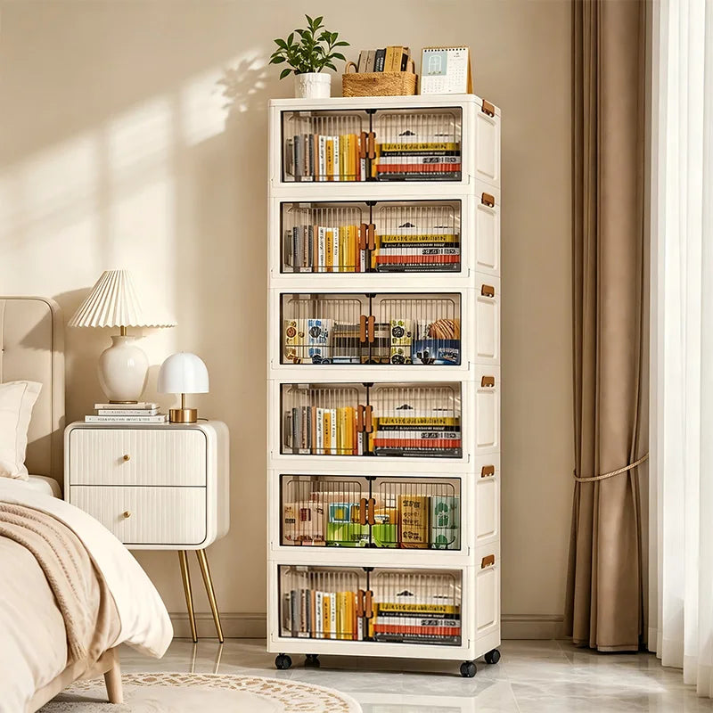 19.7in 3/4/5/6-Tier Foldable Storage Cabinet with Wheels, Stackable Plastic Storage Organizer with Magnetic Doors, Collapsible Storage Shelf for Bedroom, Living Room, Kitchen, Pantry, No Assembly Required, Beige