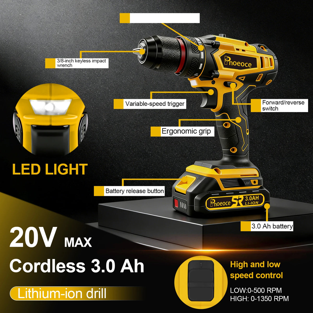 Phoeoce 20V Cordless Drill Set Compatible with Makita 18V Battery Power Drill Driver Kit with 3.0Ah Li-ion Battery 3/8" Keyless Chuck & Accessories Case