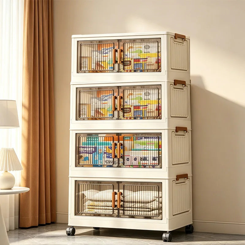 19.7in 3/4/5/6-Tier Foldable Storage Cabinet with Wheels, Stackable Plastic Storage Organizer with Magnetic Doors, Collapsible Storage Shelf for Bedroom, Living Room, Kitchen, Pantry, No Assembly Required, Beige