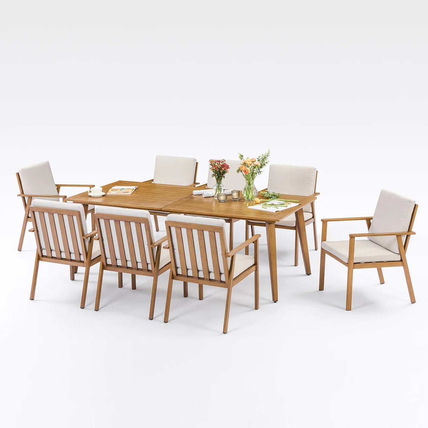SeeHill 9 Pieces Patio Dining Set for 8, Outdoor Aluminum Dining Patio Table Furniture Set with Umbrella Hole for Poolside, Teak