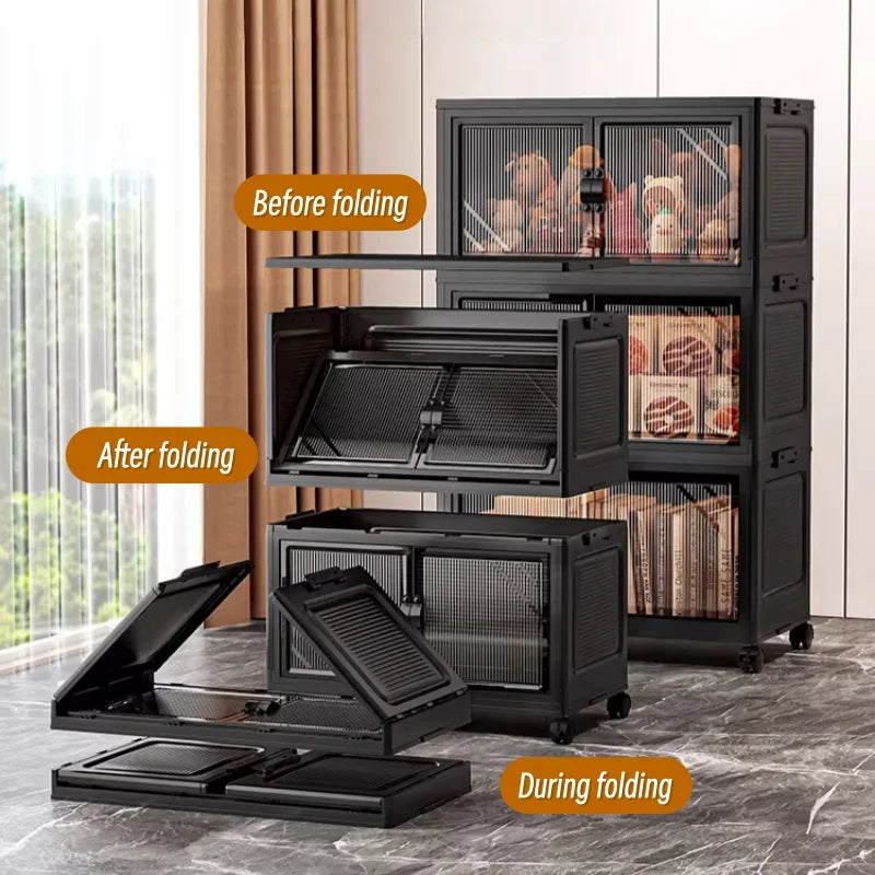 3/4/5/6-tier foldable storage cabinet with clear double doors, foldable and stackable plastic storage boxes with wheels, large-capacity rolling organizer, perfect for pantry, bedroom, bathroom, or coffee bar, black