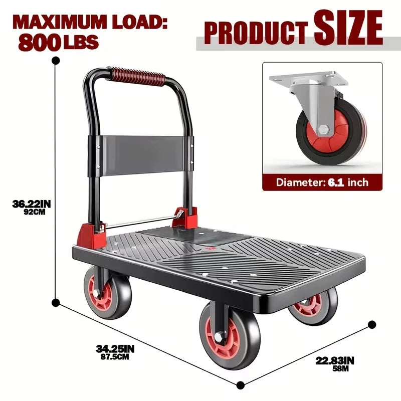 Collapsible Flat Platform Hand Dolly Cart, Heavy‑Duty 4‑Wheels Portable Moving Trolley, Foldable Utility Cart for Household Shopping and Cargo Transport