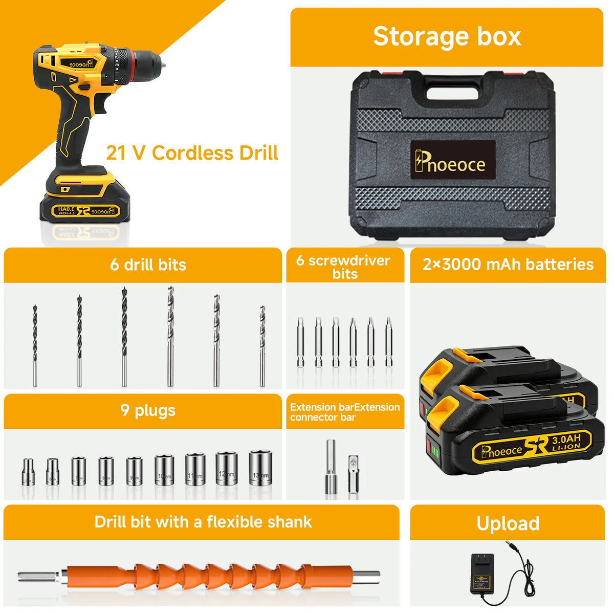 Phoeoce 20V Cordless Drill Set Compatible with Makita 18V Battery Power Drill Driver Kit with 3.0Ah Li-ion Battery 3/8" Keyless Chuck & Accessories Case