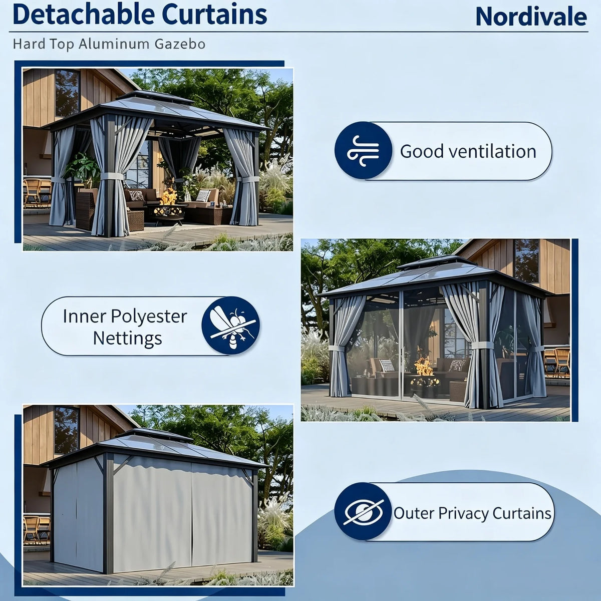 Nordivale Aluminum Hardtop Gazebo With Polycarbonate Roof And Netting
