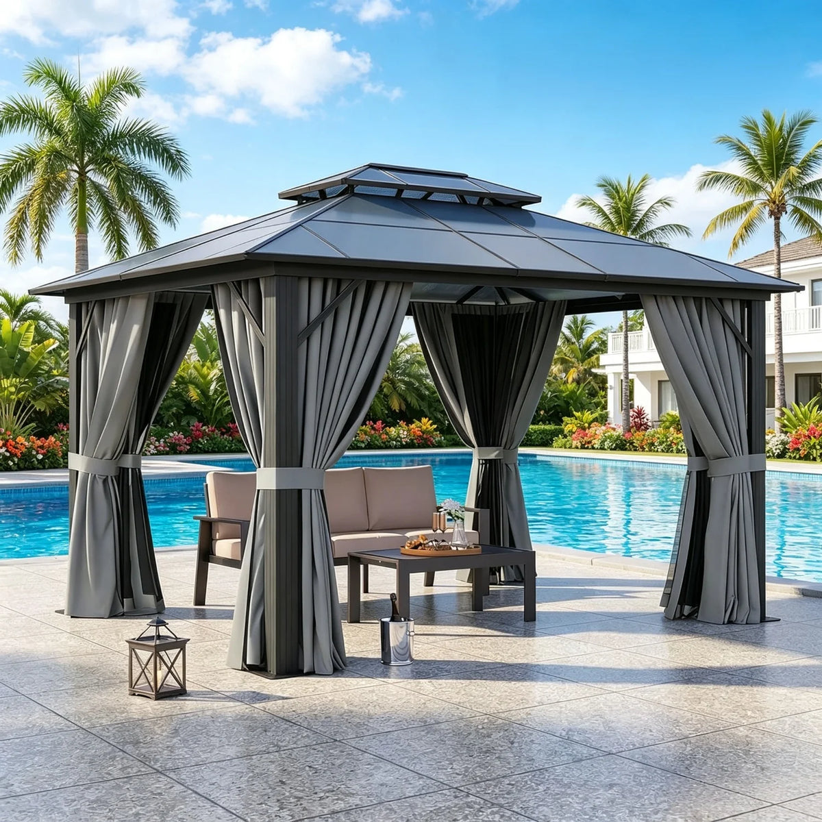 Nordivale Aluminum Hardtop Gazebo With Polycarbonate Roof And Netting