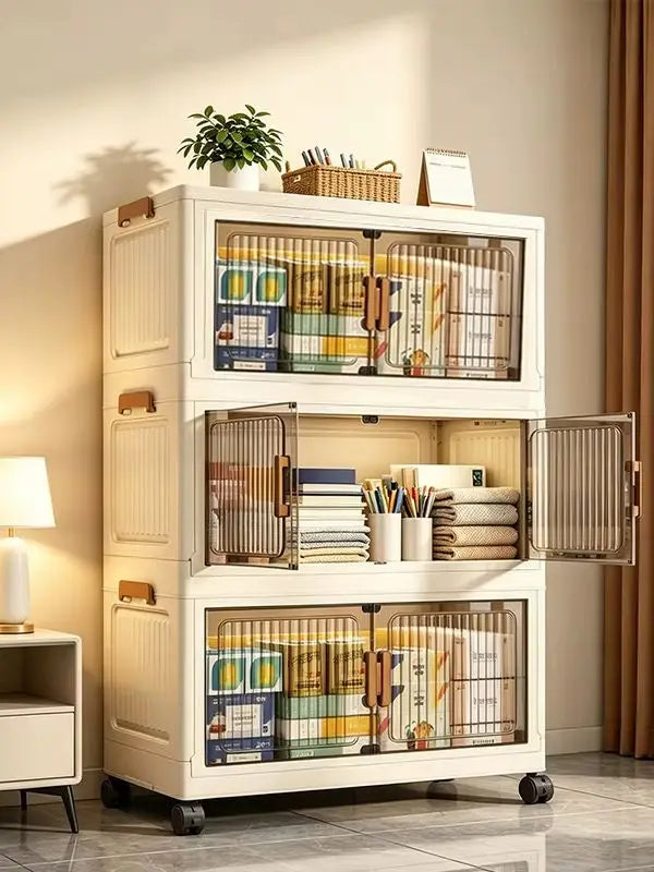 19.7in 3/4/5/6-Tier Foldable Storage Cabinet with Wheels, Stackable Plastic Storage Organizer with Magnetic Doors, Collapsible Storage Shelf for Bedroom, Living Room, Kitchen, Pantry, No Assembly Required, Beige