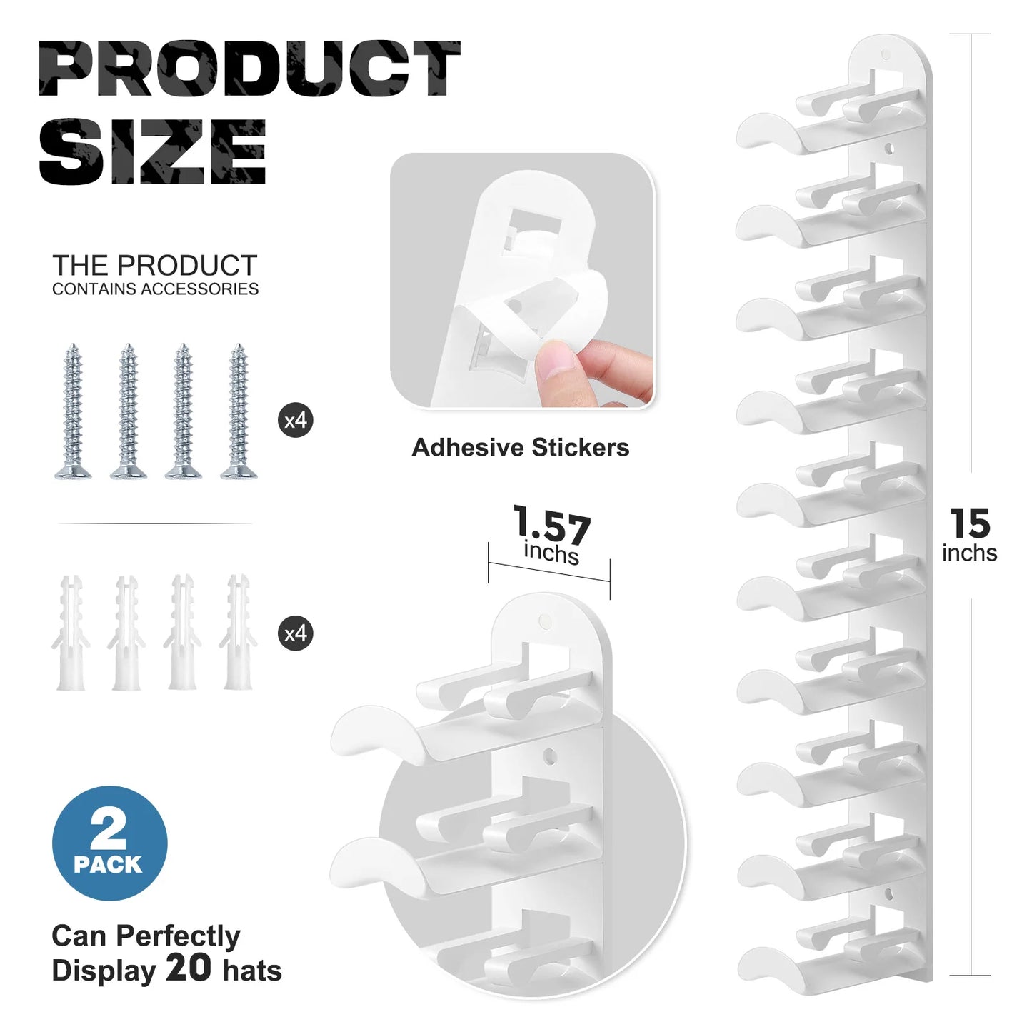 Hat Racks for Baseball Caps, Versatile Adhesive or Wall-Drilled Mounting Hat Rack for Wall, MultiLayer Hat Storage, Durable Plas