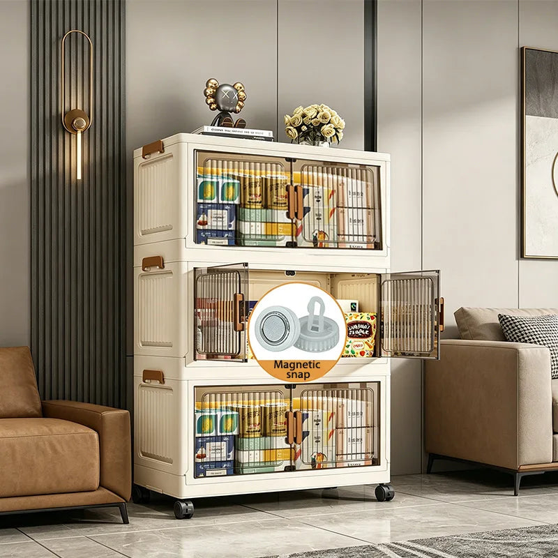 19.7in 3/4/5/6-Tier Foldable Storage Cabinet with Wheels, Stackable Plastic Storage Organizer with Magnetic Doors, Collapsible Storage Shelf for Bedroom, Living Room, Kitchen, Pantry, No Assembly Required, Beige