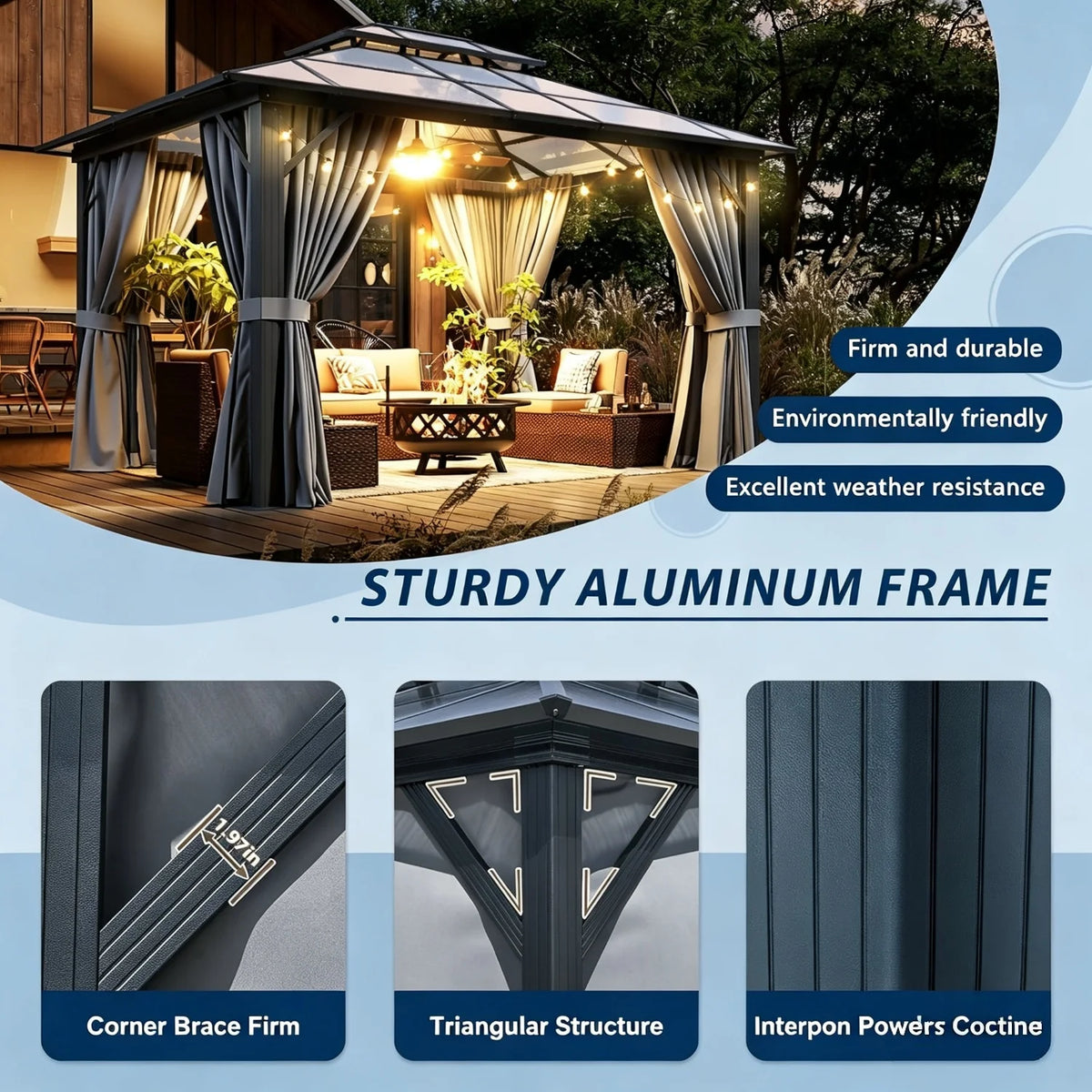 Nordivale Aluminum Hardtop Gazebo With Polycarbonate Roof And Netting