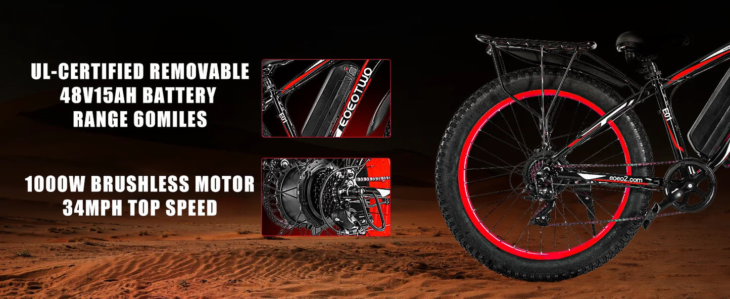 Electric Bike for Adults 1500W Peak Motor 34MPH Fast Speed 48V 15Ah Battery 26" Fat Tire Mountain Ebike 390lbs Max Load Aluminum