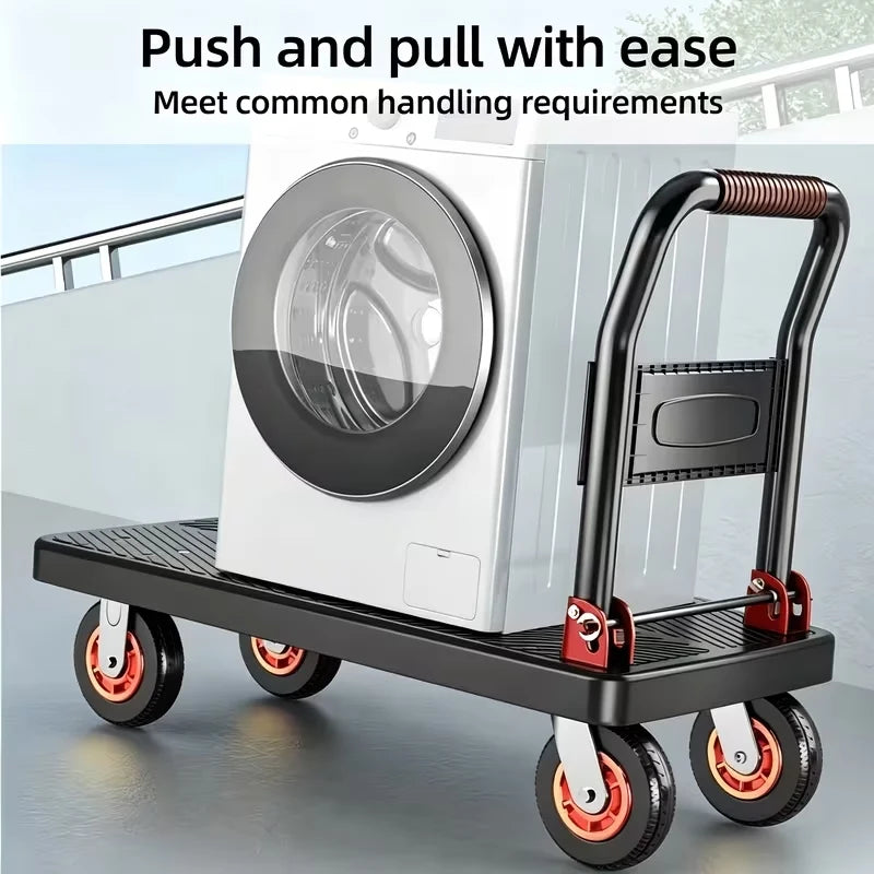 Collapsible Flat Platform Hand Dolly Cart, Heavy‑Duty 4‑Wheels Portable Moving Trolley, Foldable Utility Cart for Household Shopping and Cargo Transport