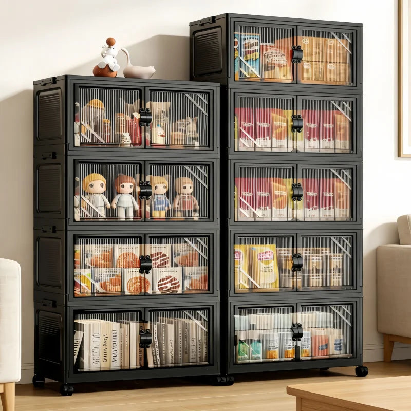 3/4/5/6-tier foldable storage cabinet with clear double doors, foldable and stackable plastic storage boxes with wheels, large-capacity rolling organizer, perfect for pantry, bedroom, bathroom, or coffee bar, black