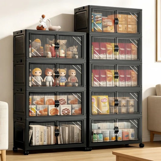 3/4/5/6-tier foldable storage cabinet with clear double doors, foldable and stackable plastic storage boxes with wheels, large-capacity rolling organizer, perfect for pantry, bedroom, bathroom, or coffee bar, black