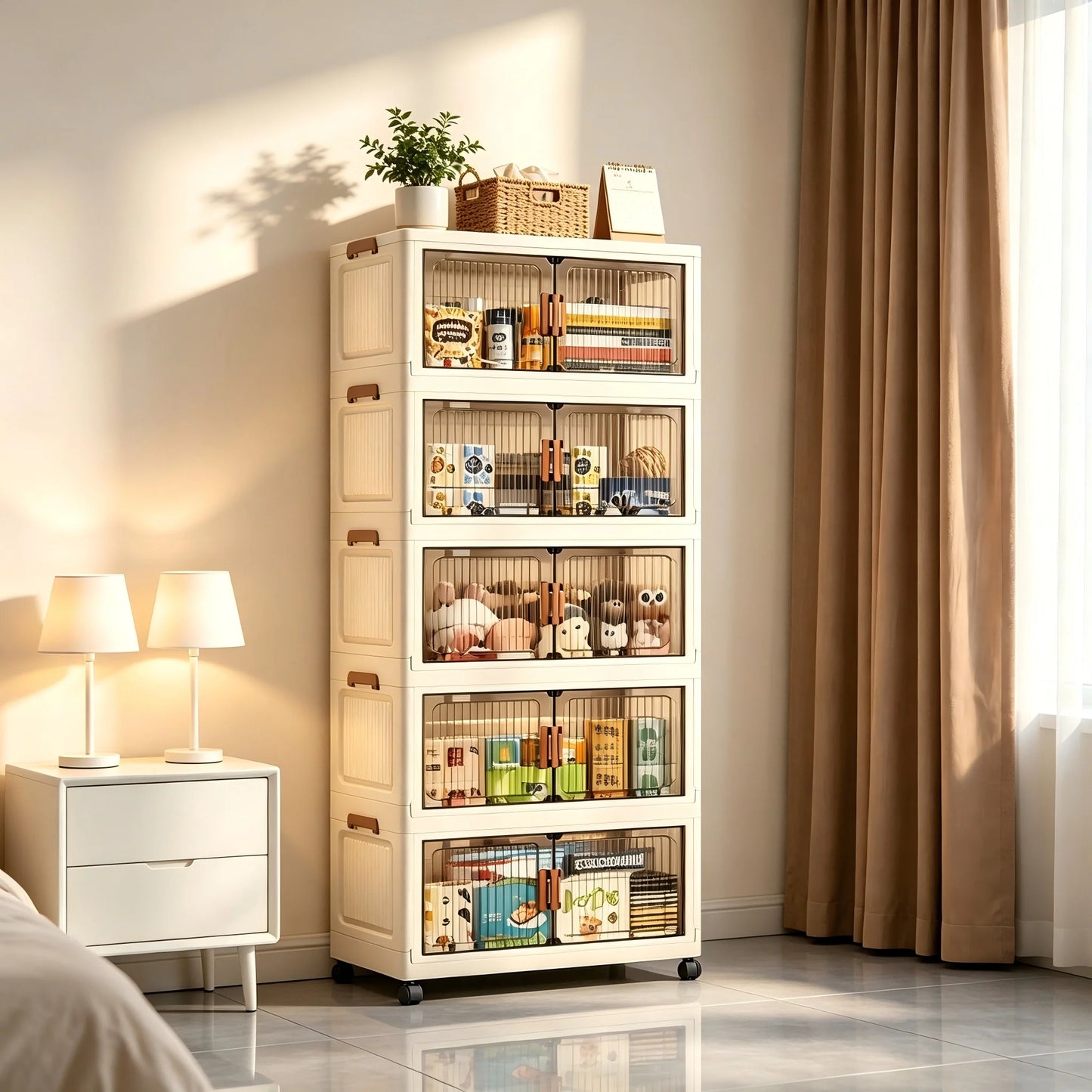 19.7in 3/4/5/6-Tier Foldable Storage Cabinet with Wheels, Stackable Plastic Storage Organizer with Magnetic Doors, Collapsible Storage Shelf for Bedroom, Living Room, Kitchen, Pantry, No Assembly Required, Beige
