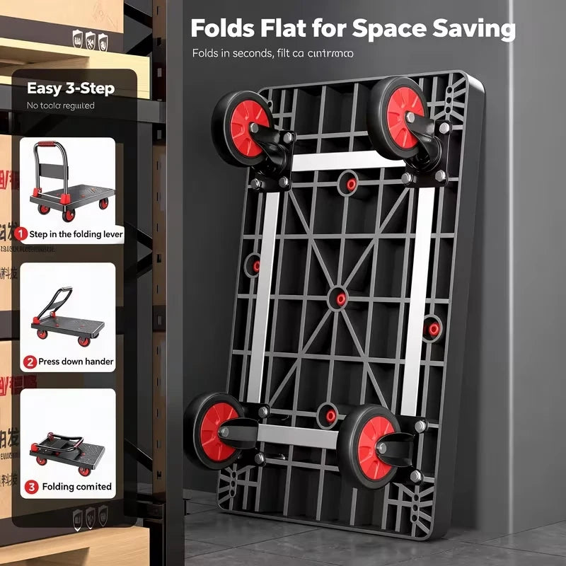Collapsible Flat Platform Hand Dolly Cart, Heavy‑Duty 4‑Wheels Portable Moving Trolley, Foldable Utility Cart for Household Shopping and Cargo Transport