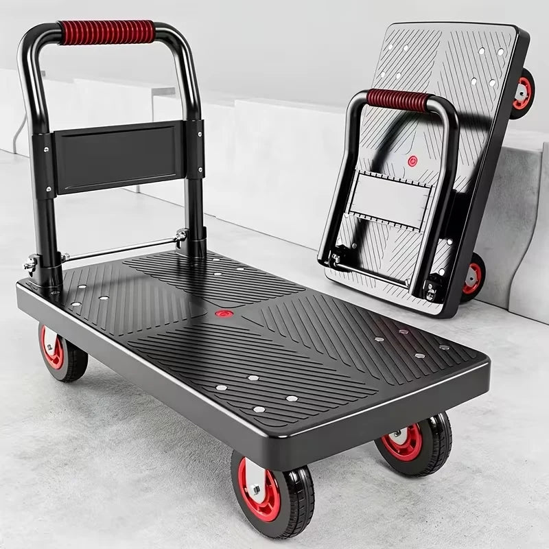 Collapsible Flat Platform Hand Dolly Cart, Heavy‑Duty 4‑Wheels Portable Moving Trolley, Foldable Utility Cart for Household Shopping and Cargo Transport