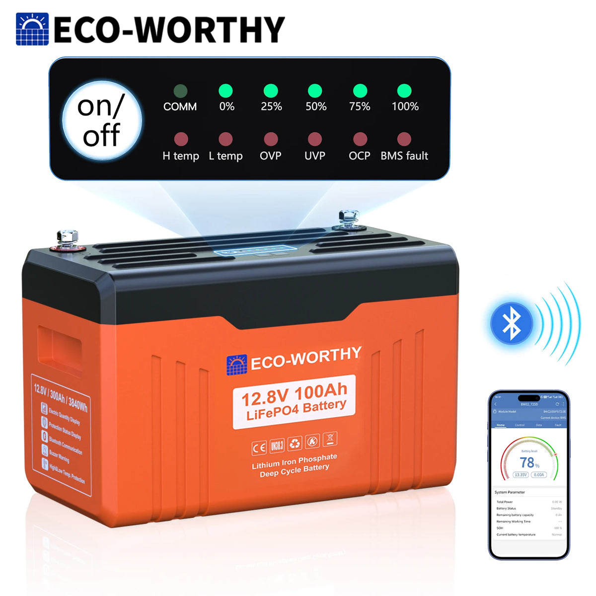 ECO-WORTHY 12V 100AH LiFePO4 Lithium Battery with Bluetooth, Max.1280Wh Energy, Low Temperature Protection for Trolling Motor RV