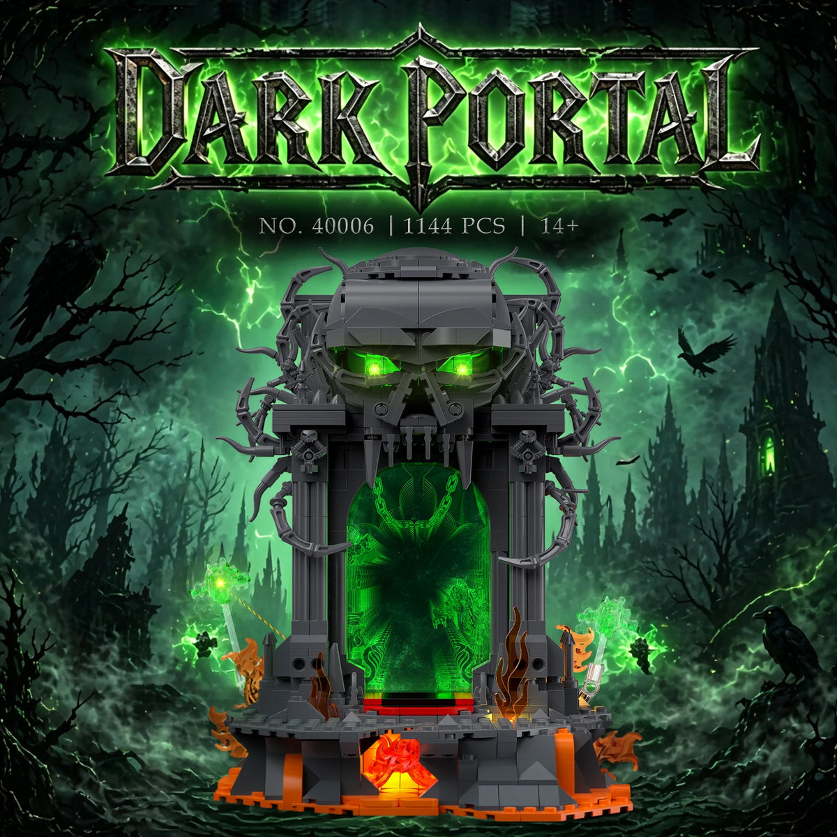 JMBricklayer 1144PCS Dark Portal LED Light Up Building Blocks Model Kit Gothic Skull Gate Fantasy Display for Adults Gamers Halloween Decor
