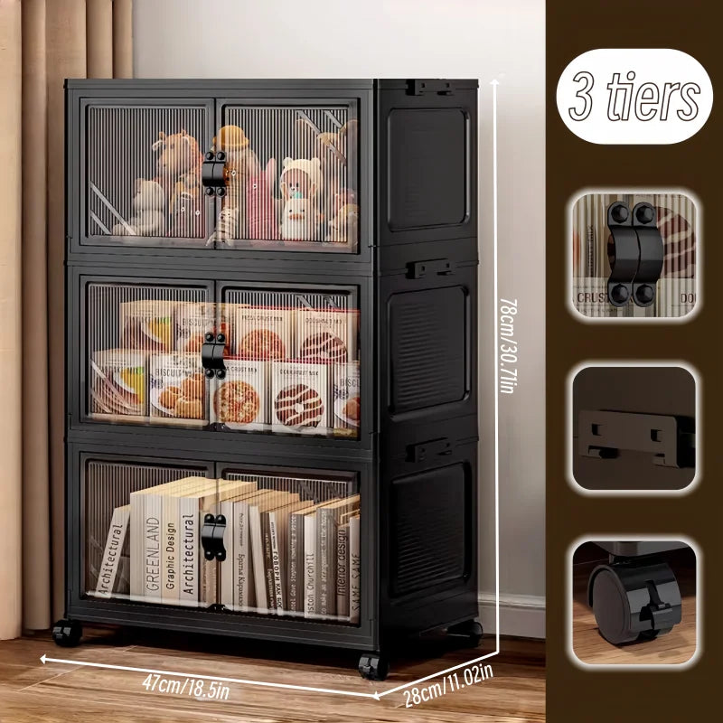 3/4/5/6-tier foldable storage cabinet with clear double doors, foldable and stackable plastic storage boxes with wheels, large-capacity rolling organizer, perfect for pantry, bedroom, bathroom, or coffee bar, black